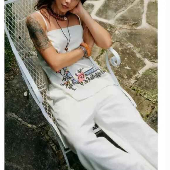 Free People NWT Ivory Embroidered Set Wide Leg Linen Blend Pants & Top - Picture 3 of 11